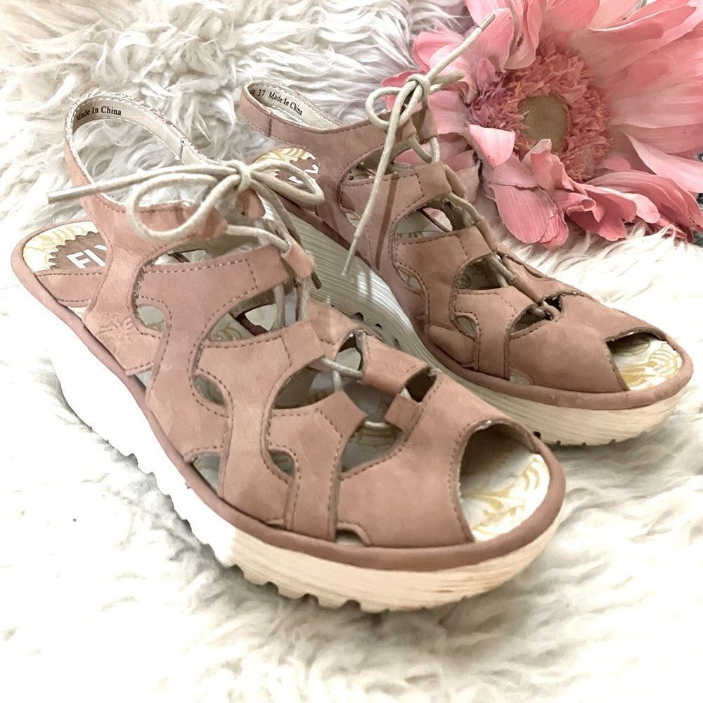 Fly London Yexa 916 Tan Ghillie Lace Up Wedge Sandals Size 37